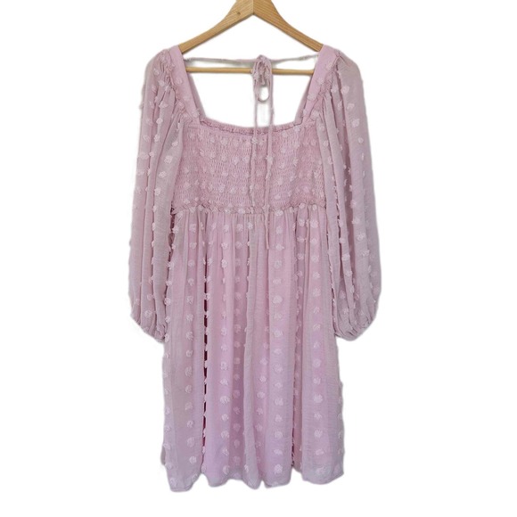 Listicle Medium Sheer Long Sleeve Square Neckline Smocked Bodice Polka Dot Pink - Picture 3 of 12